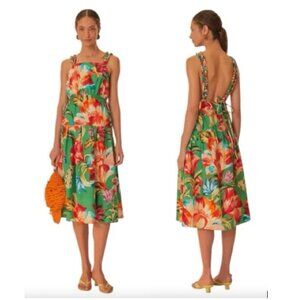 FARM Rio Tropicart Woven Strap Midi Dress, Green/Red, NWT 🇧🇷